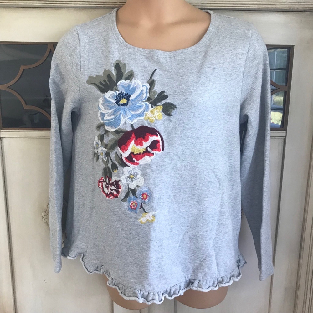 EUC Joules Geraldine Embroidered Sweatshirt w Ruffle in Gray Marl | Size 10